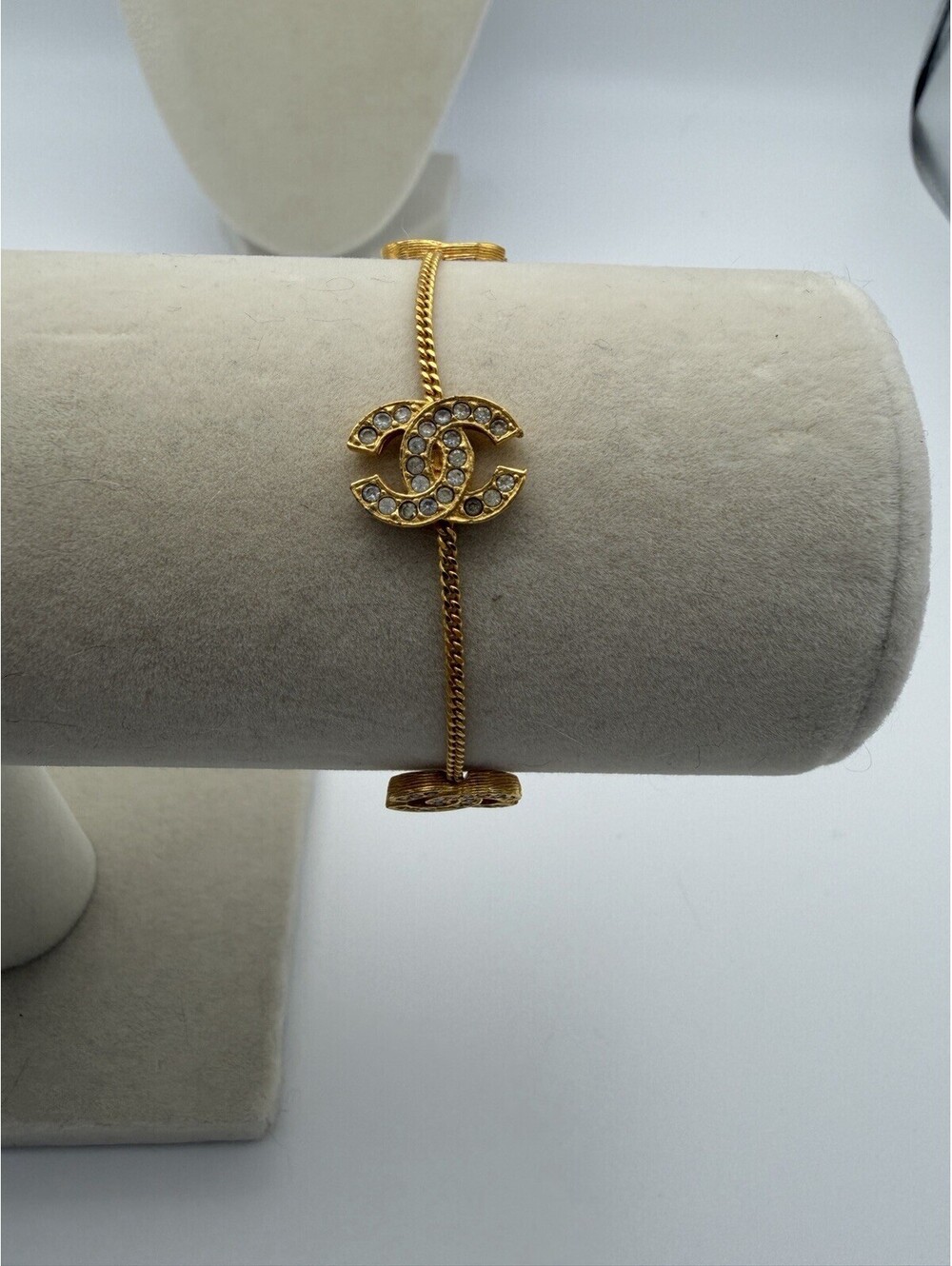 Authentic Vintage CHANEL Coco CC Logo Rhinestone Bracelet Gold Plated Size 6.5